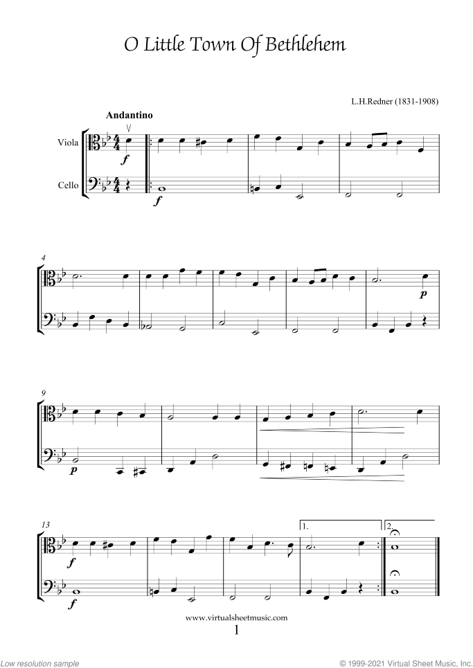 Christmas Sheet Music and Carols for viola and cello, easy/intermediate duet