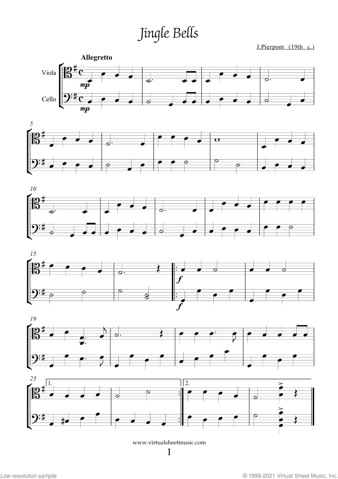 Christmas Sheet Music and Carols for viola and cello, easy/intermediate duet