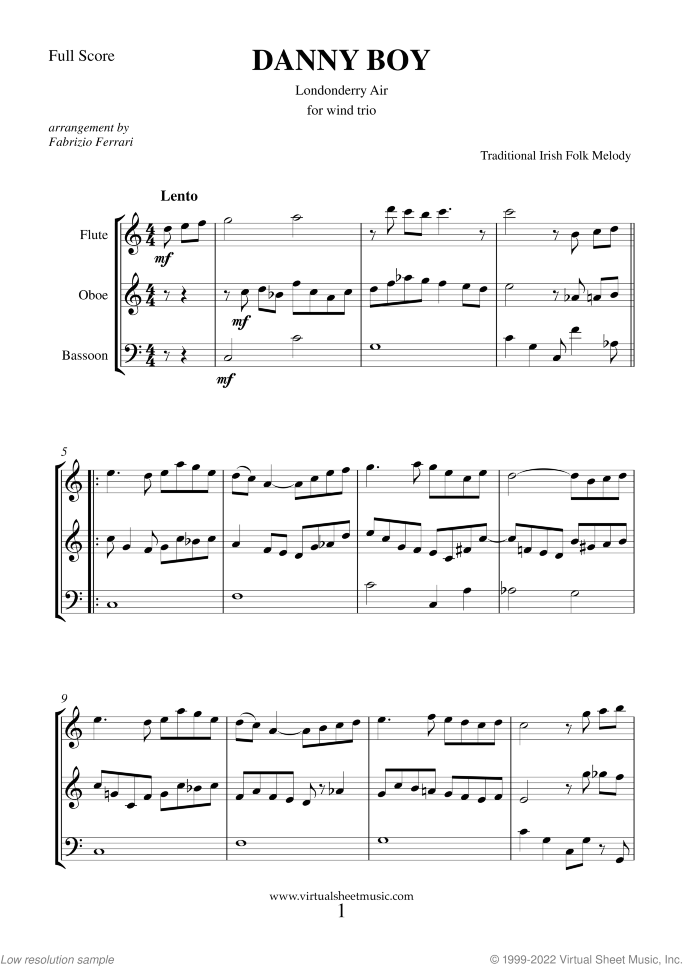 Danny Boy (Londonderry Air) sheet music for wind trio, easy/intermediate skill level