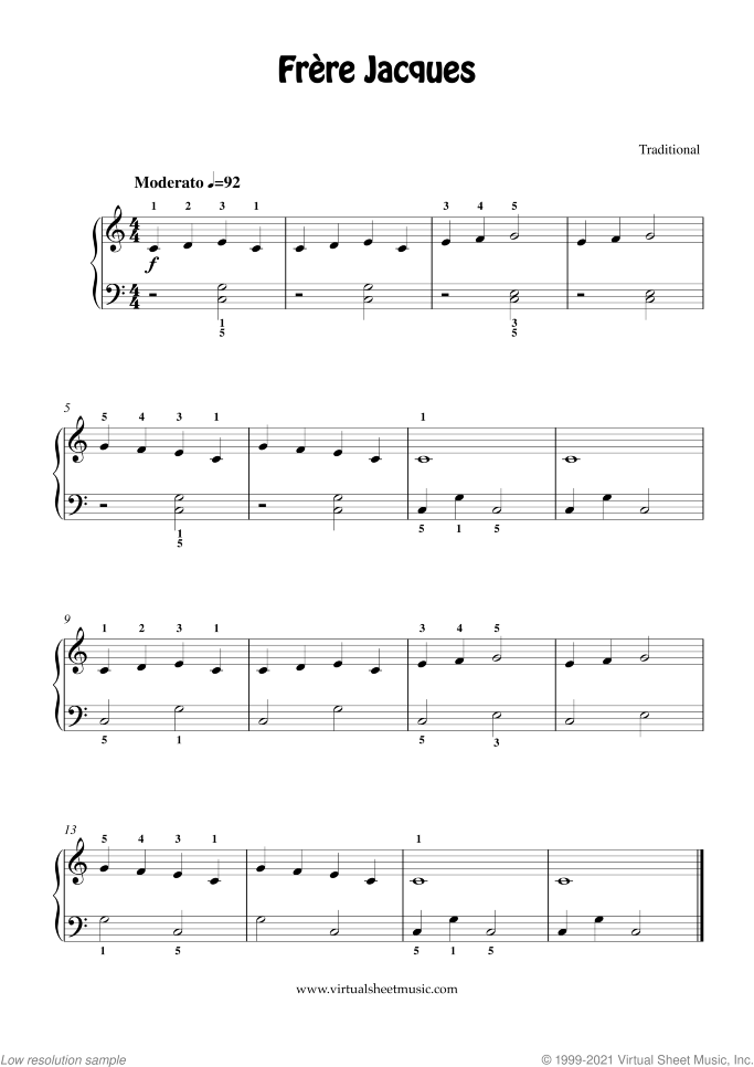 Frere Jacques (Are you sleeping?) sheet music for piano solo, classical score, beginner skill level