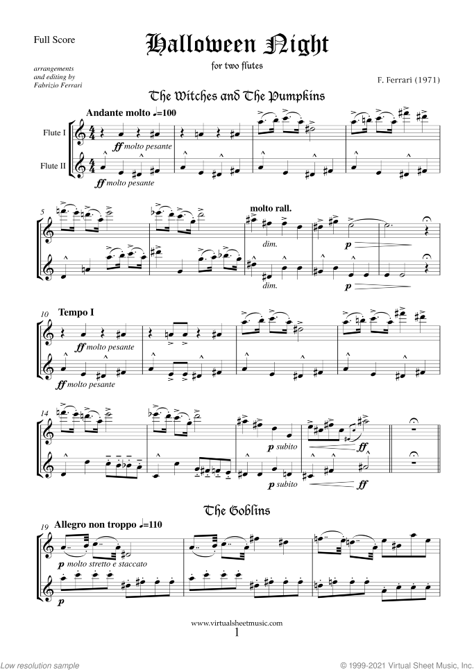 Halloween Sheet Music for two flutes, classical score, intermediate/advanced duet