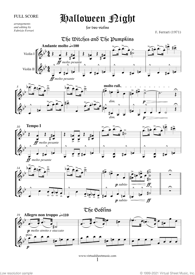 Halloween Sheet Music for two violins, classical score, intermediate/advanced duet