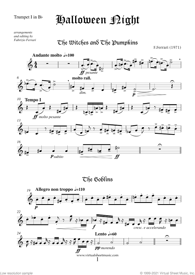 Halloween Sheet Music (parts) for brass quartet, classical score, intermediate/advanced skill level
