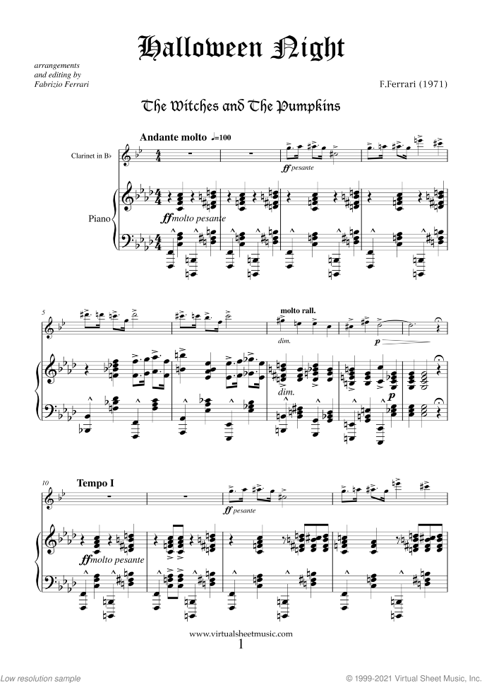 Halloween Sheet Music for clarinet and piano, classical score, intermediate/advanced skill level
