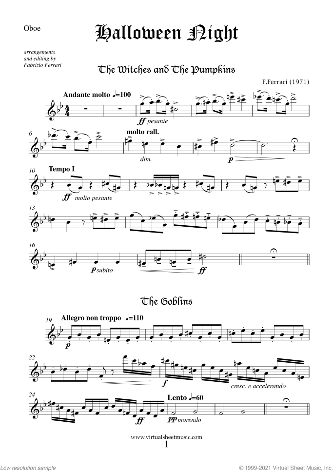 Halloween Sheet Music (parts) for double reed quartet, classical score, intermediate/advanced skill level
