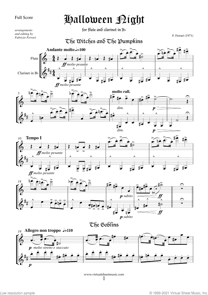 Halloween Sheet Music for flute and clarinet, classical score, intermediate/advanced duet