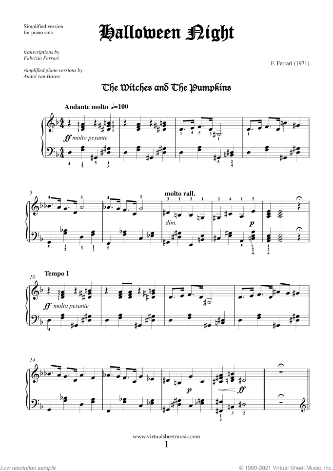 Halloween Sheet Music (simplified version) for piano solo, classical score, easy/intermediate skill level