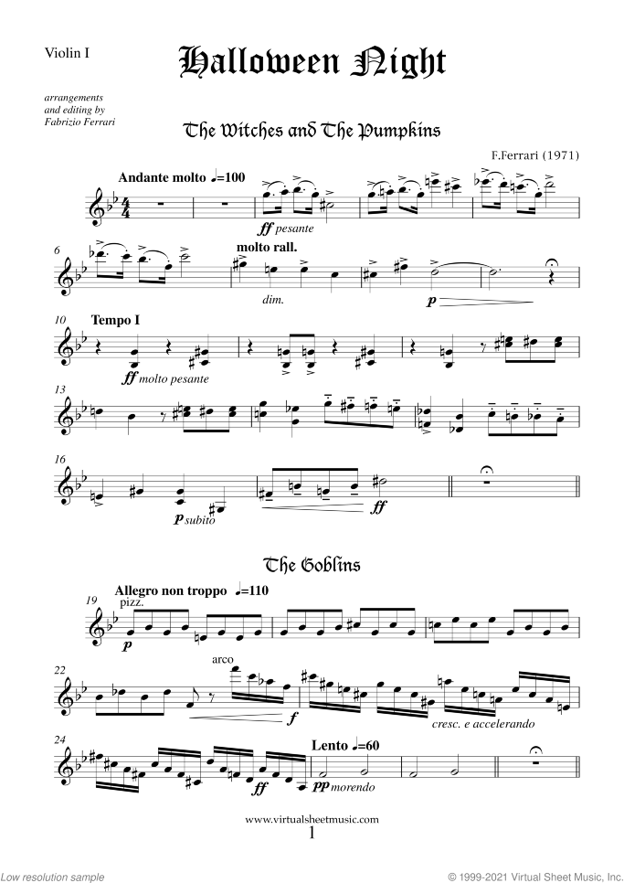 Halloween Sheet Music (parts) for string quartet, classical score, intermediate/advanced skill level