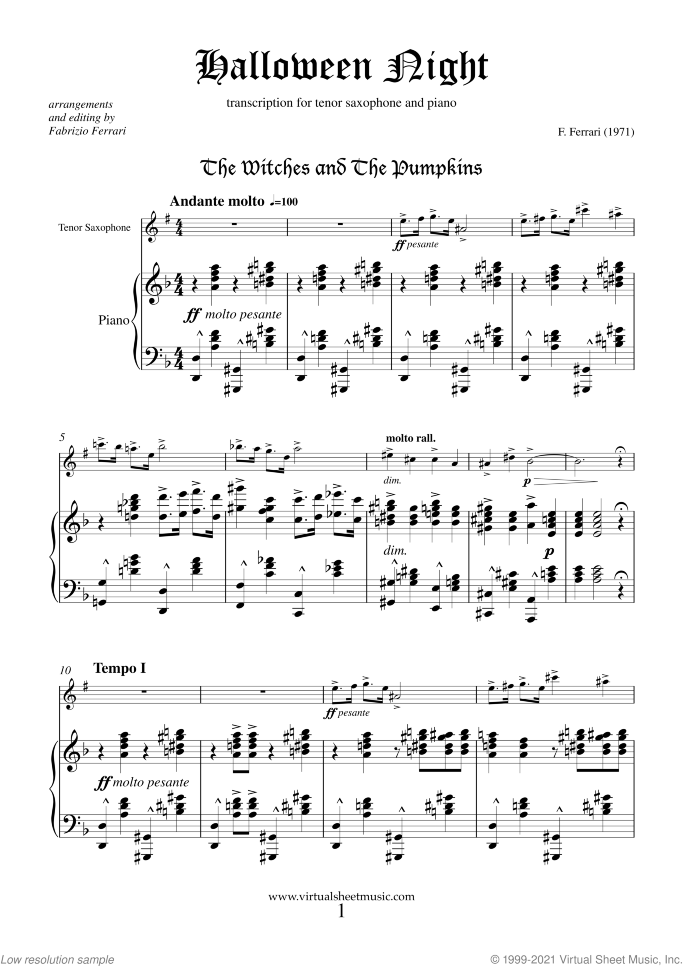 Halloween Sheet Music for tenor saxophone and piano, classical score, intermediate/advanced skill level