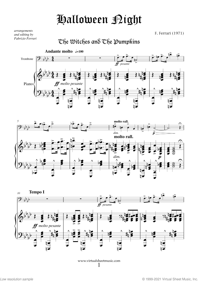 Halloween Sheet Music for trombone and piano, classical score, intermediate/advanced skill level