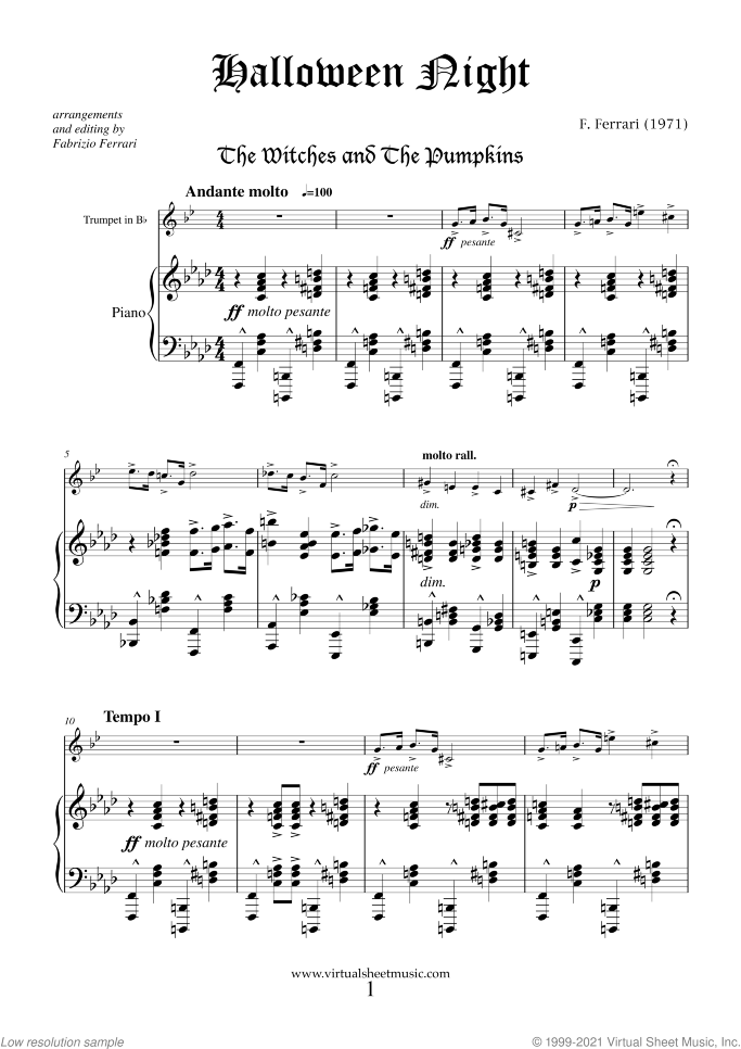 Halloween Sheet Music for trumpet and piano, classical score, intermediate/advanced skill level