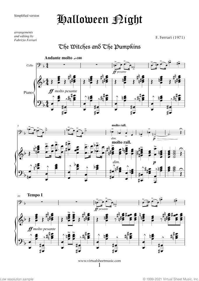 Halloween Sheet Music (simplified version) for cello and piano, classical score, easy/intermediate skill level