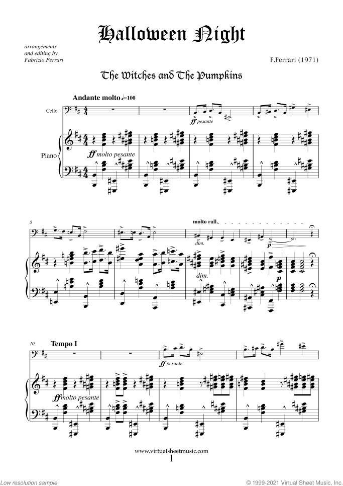 Halloween Sheet Music for cello and piano, classical score, intermediate/advanced skill level