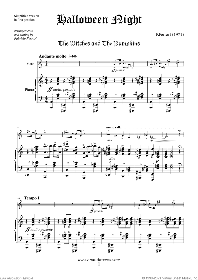 Halloween Sheet Music (simplified version) for violin and piano, classical score, easy skill level