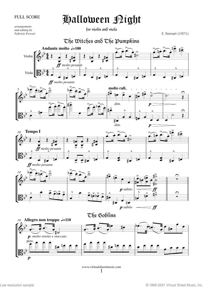 Halloween Sheet Music for violin and viola, classical score, intermediate/advanced duet