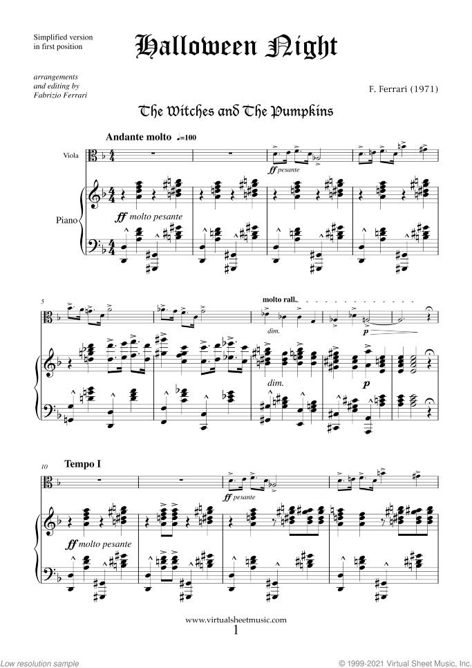 Halloween Sheet Music (simplified version) for viola and piano, classical score, easy skill level