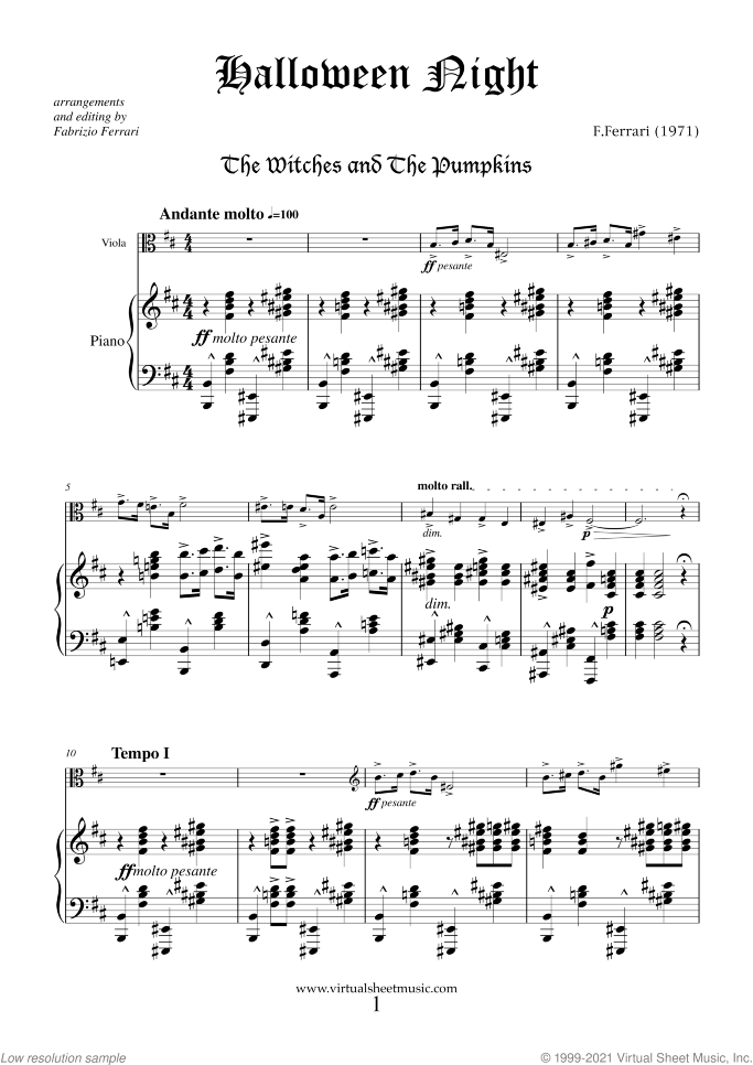 Halloween Sheet Music for viola and piano, classical score, intermediate/advanced skill level