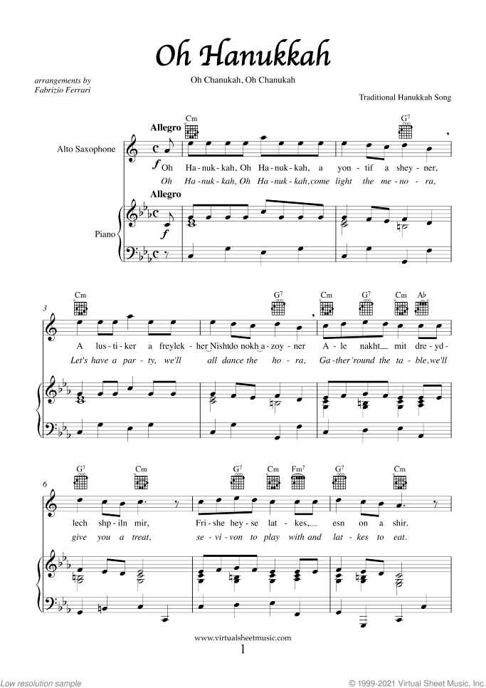 Hanukkah Songs Collection (Chanukah songs) sheet music for alto saxophone and piano, easy skill level