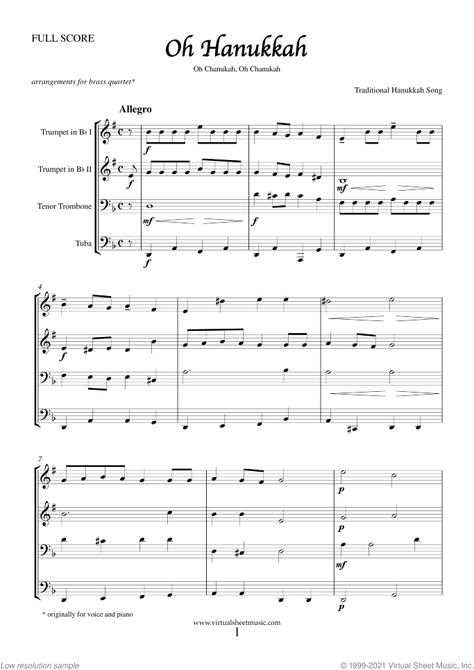 Hanukkah Songs Collection Chanukah songs sheet music for brass quartet, easy/intermediate skill level
