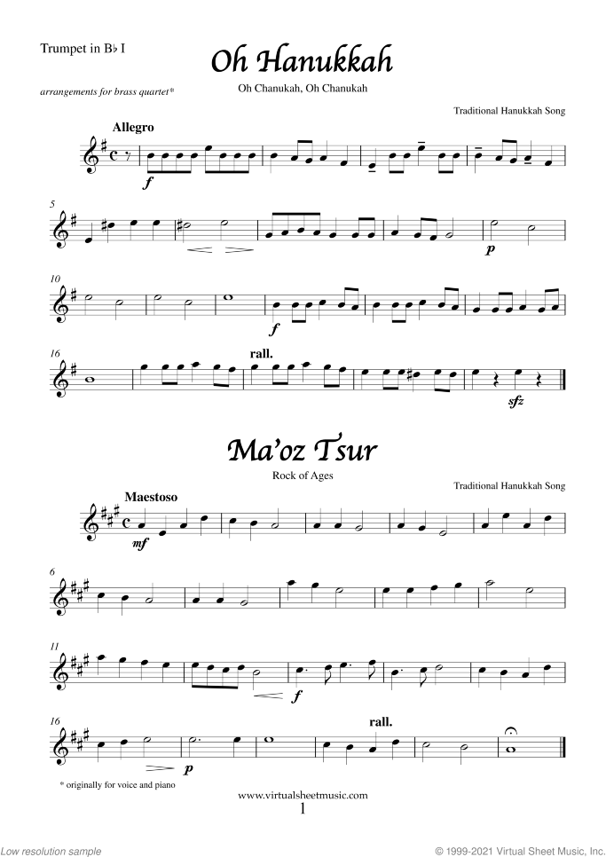 Hanukkah Songs Collection Chanukah songs sheet music for brass quartet, easy/intermediate skill level