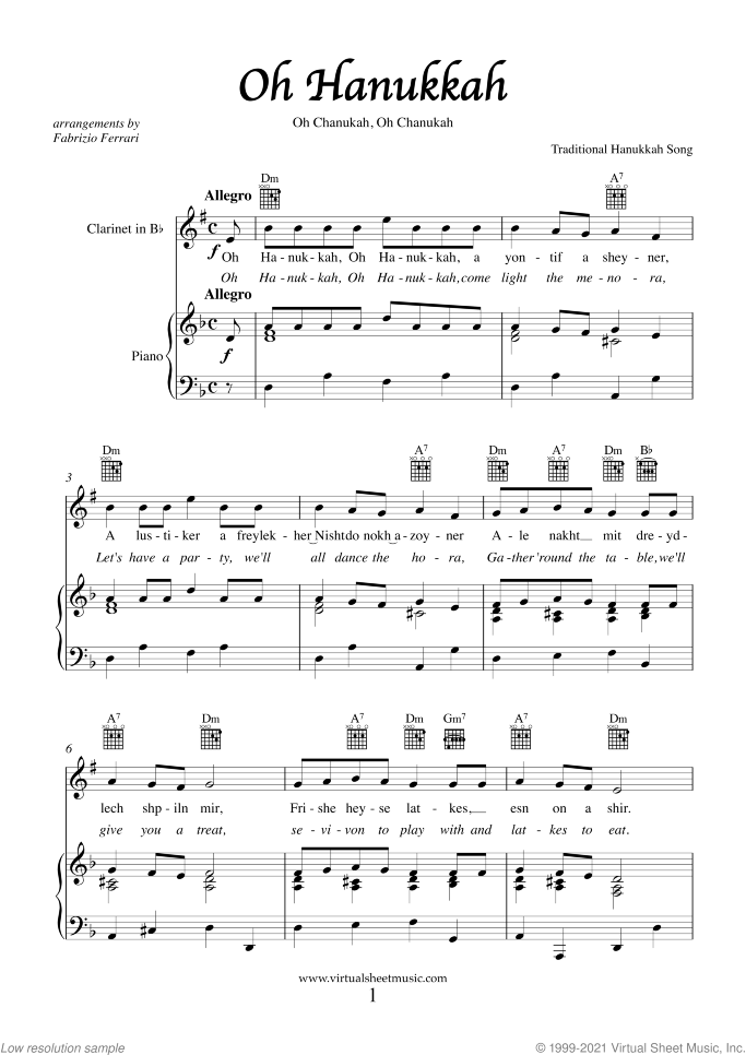 Hanukkah Songs Collection (Chanukah songs) sheet music for clarinet and piano, easy skill level