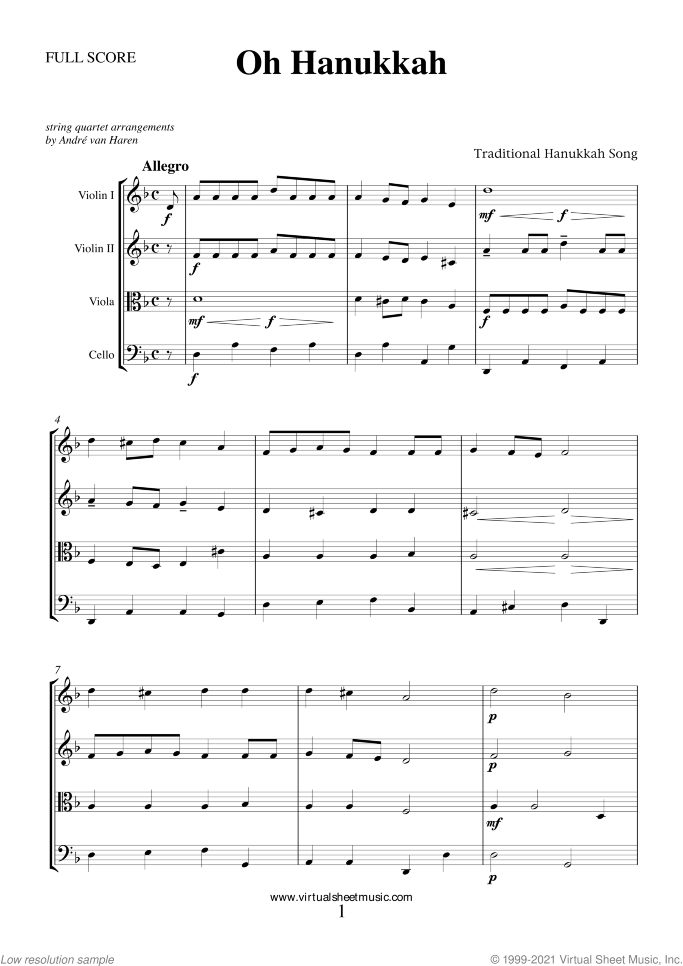 Hanukkah Songs Collection Chanukah songs sheet music for string quartet, easy skill level