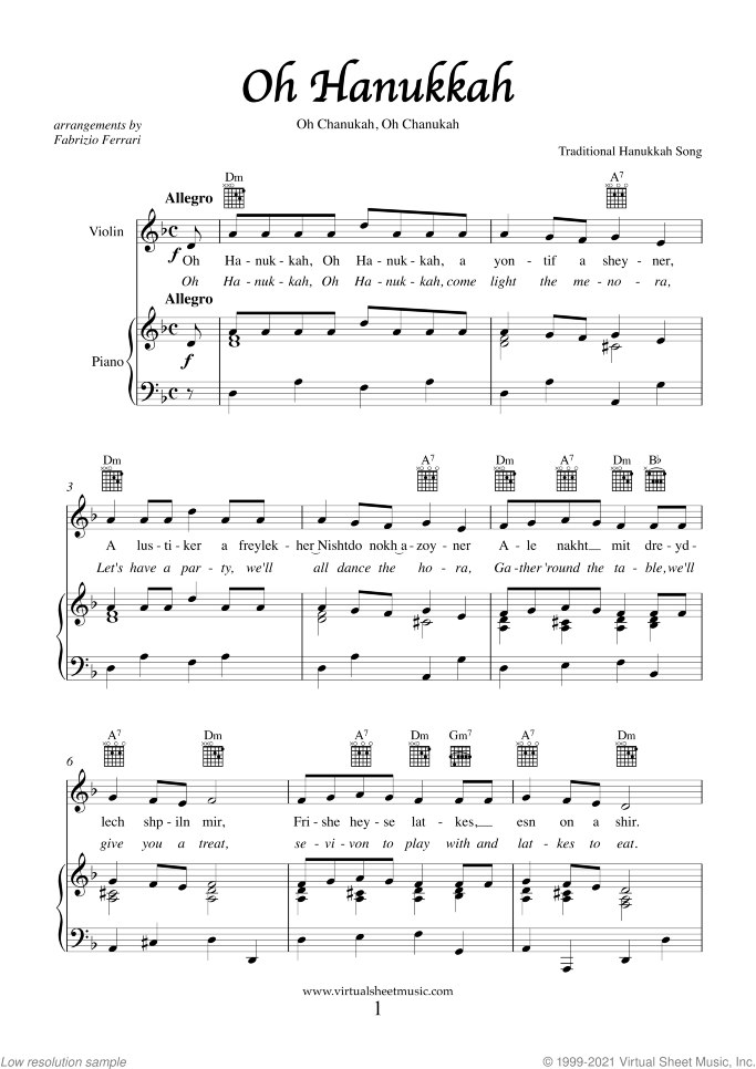 Hanukkah Songs Collection (Chanukah songs) sheet music for violin and piano, easy skill level