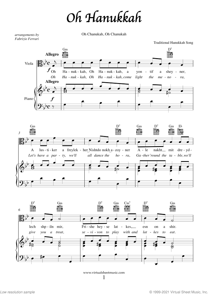 Hanukkah Songs Collection (Chanukah songs) sheet music for viola and piano, easy skill level