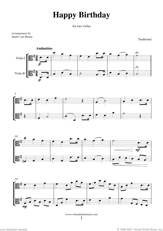 Happy Birthday sheet music for two violas, classical score, easy duet