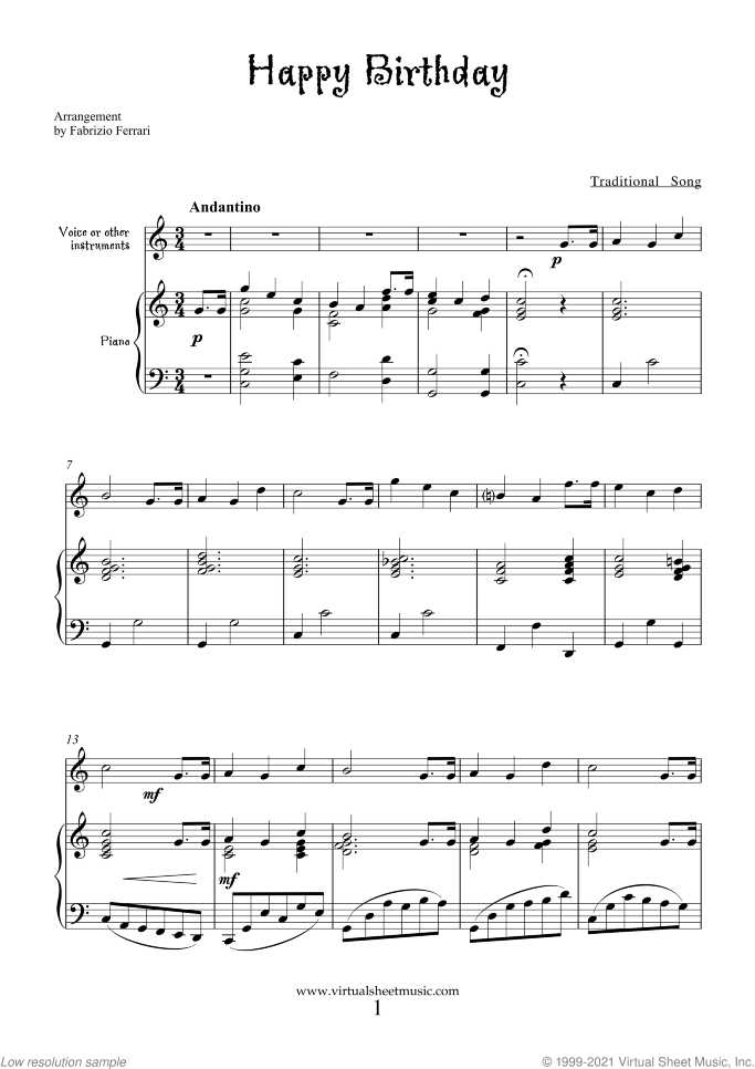 Happy Birthday sheet music for piano, voice or other instruments, classical score, easy/intermediate skill level