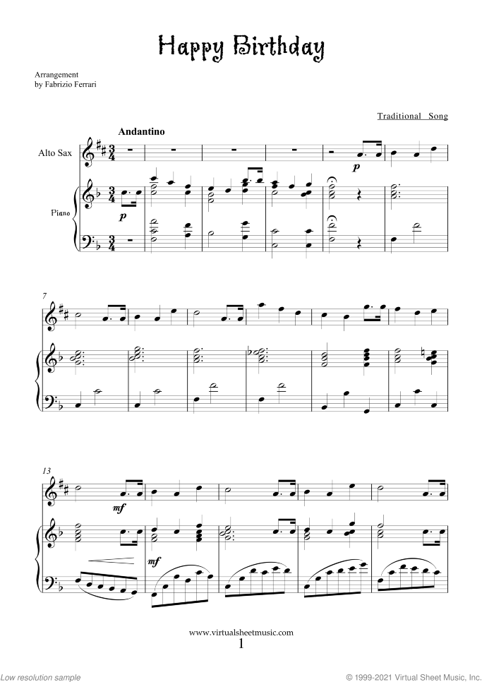 Happy Birthday sheet music for alto saxophone and piano, classical score, easy skill level