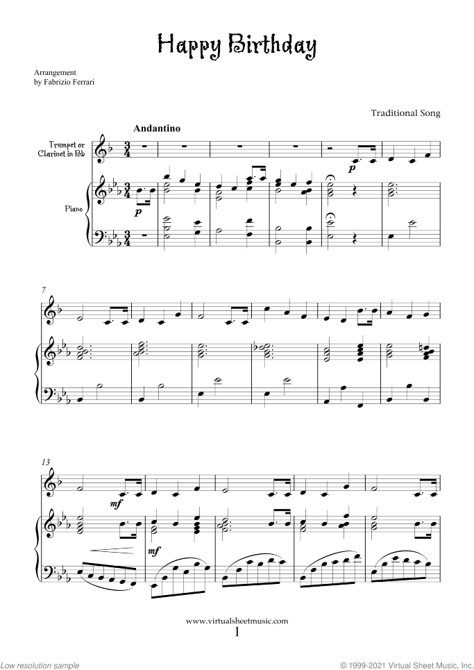 Happy Birthday sheet music for trumpet or clarinet and piano, classical score, intermediate skill level