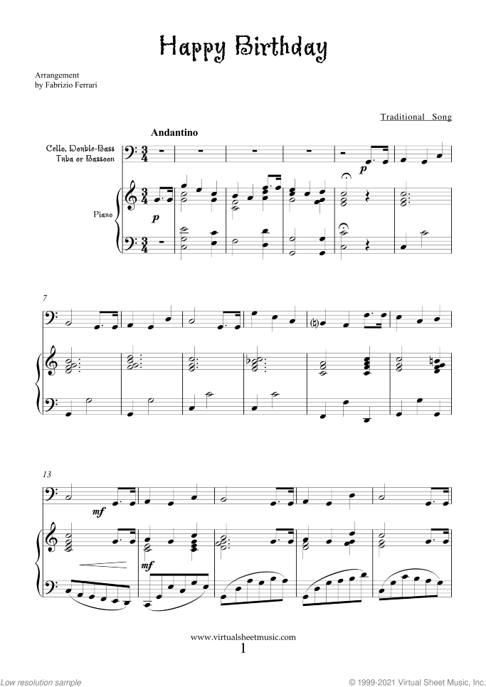 Happy Birthday sheet music for cello or other instruments and piano, classical score, intermediate skill level
