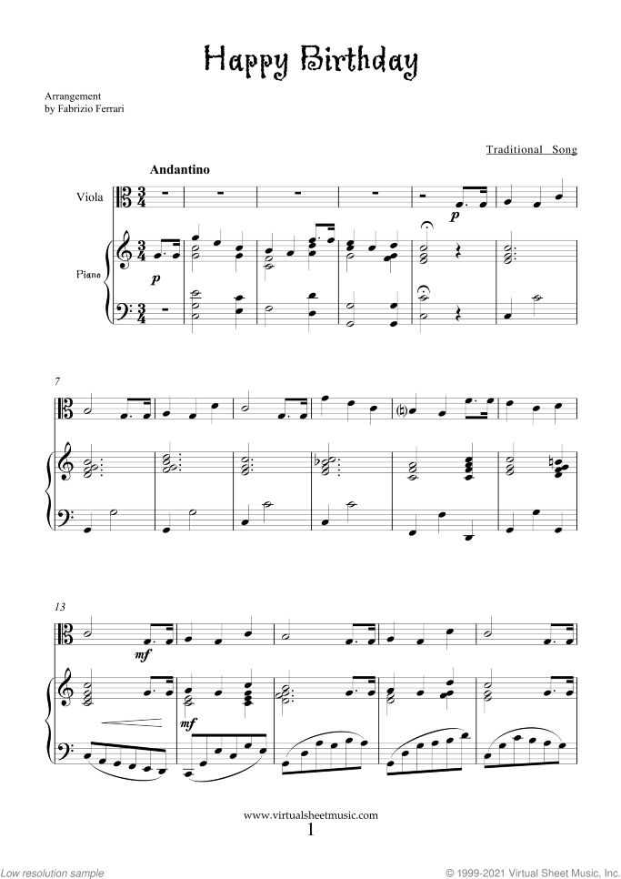 Happy Birthday sheet music for viola and piano, classical score, easy skill level