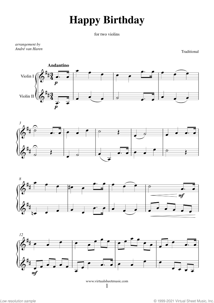 Happy Birthday sheet music for two violins, classical score, easy duet