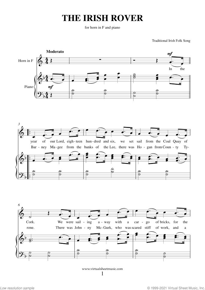 The Irish Rover sheet music for horn and piano, easy skill level