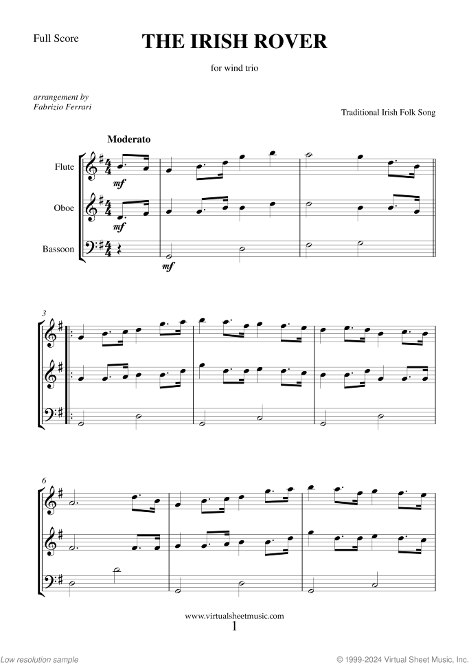 The Irish Rover sheet music for wind trio, easy/intermediate skill level