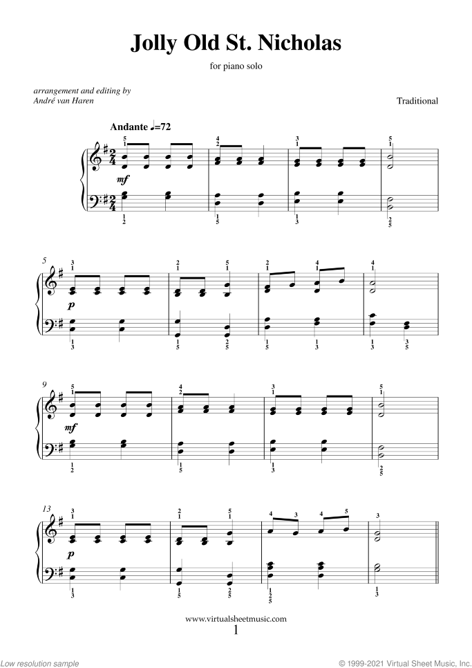 Jolly Old St. Nicholas sheet music for piano solo, beginner skill level