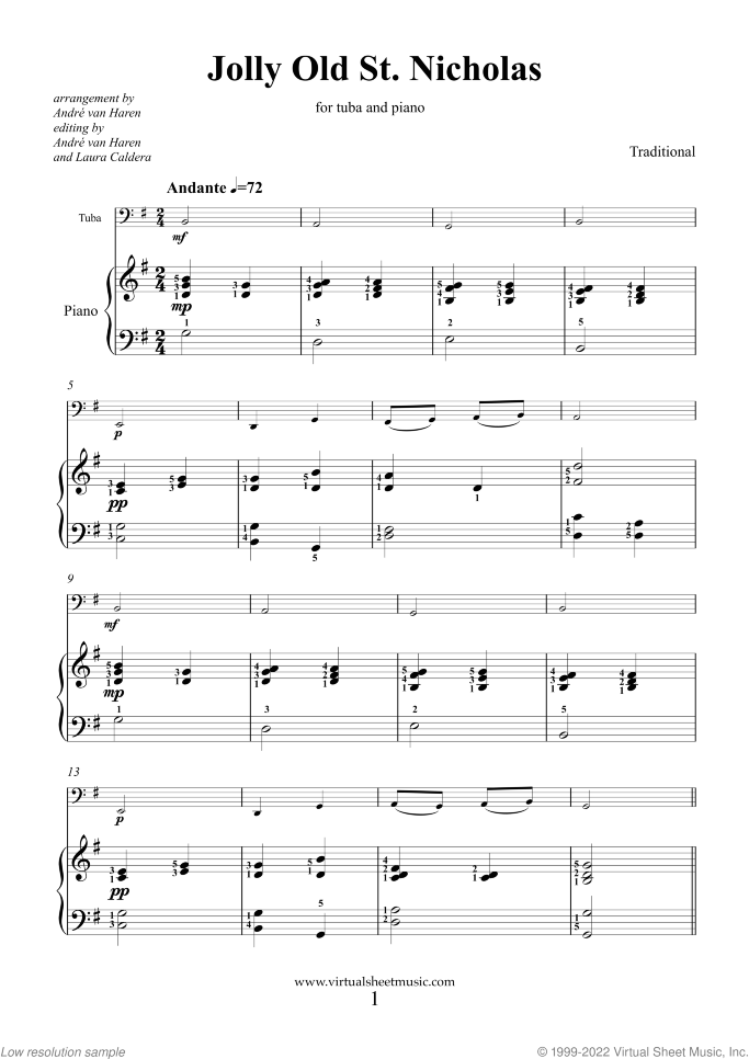 Jolly Old St. Nicholas sheet music for tuba and piano (or other instruments), easy skill level