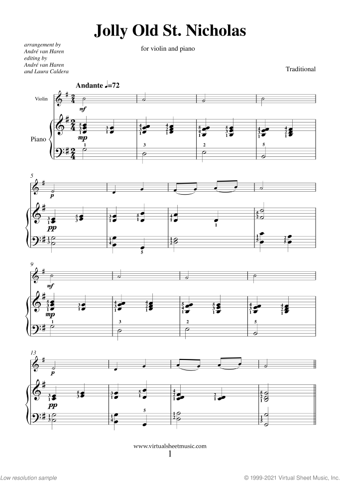Jolly Old St. Nicholas sheet music for violin and piano, easy skill level