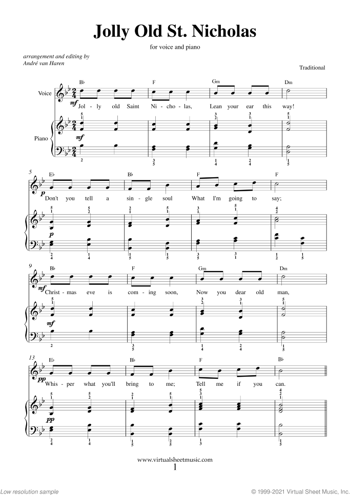 Jolly Old St. Nicholas sheet music for voice and piano (or other instruments), easy skill level