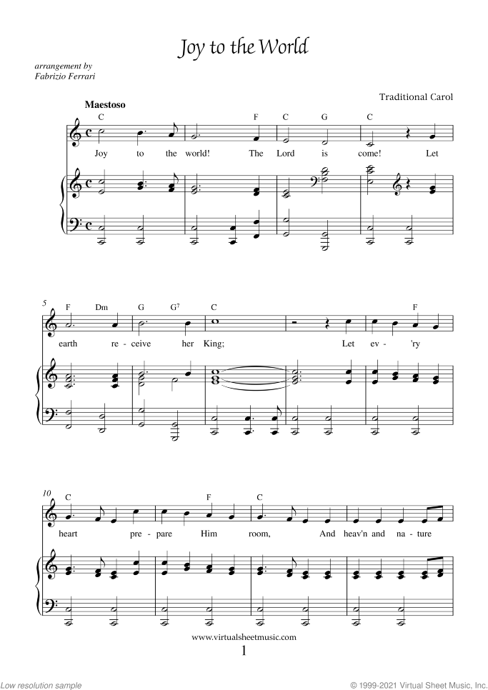 Joy to the World sheet music for piano, voice or other instruments, easy skill level