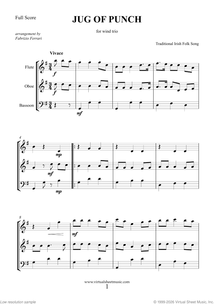 Jug of Punch sheet music for wind trio, easy+ skill level