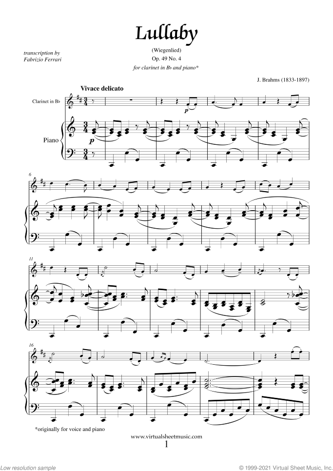Mother's Day Collection sheet music for clarinet and piano, classical score, intermediate skill level