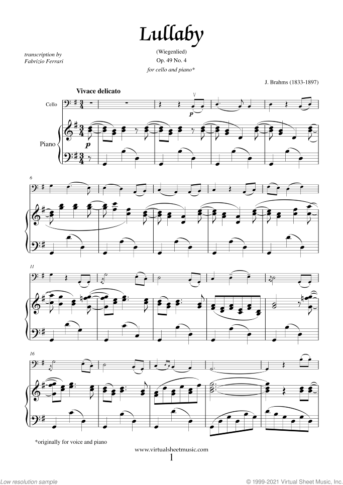 Mother's Day Collection sheet music for cello and piano, classical score, intermediate skill level