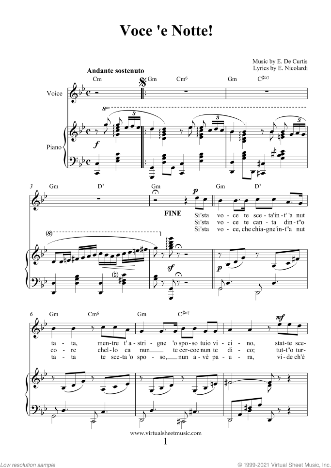 Neapolitan Songs sheet music for voice and piano, classical score, easy skill level