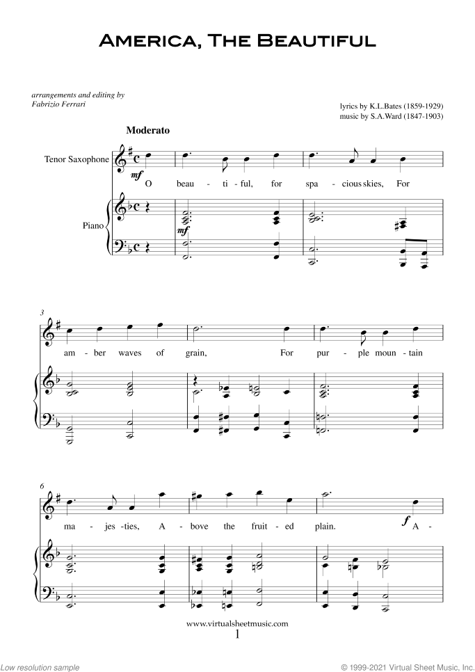 Patriotic Collection sheet music for tenor saxophone and piano, easy skill level