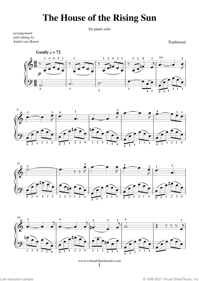 The House of the Rising Sun sheet music for piano solo, easy skill level