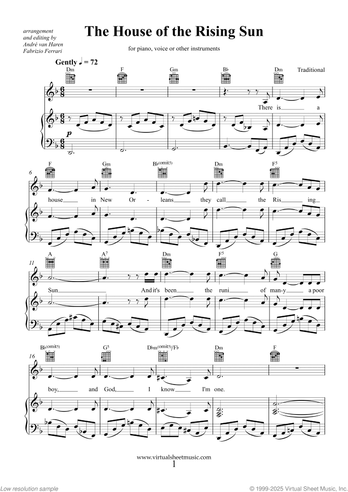 The House of the Rising Sun sheet music for voice, piano or other instruments, easy skill level
