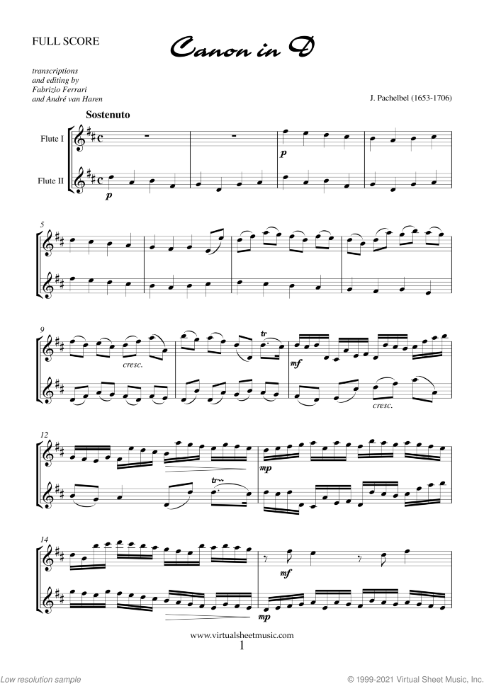 Valentine Sheet Music for two flutes, classical score, intermediate/advanced duet